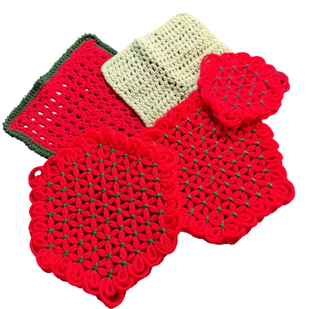 Handmade Crochet Christmas Potholder Trivet Lot Red Green Holiday Floral